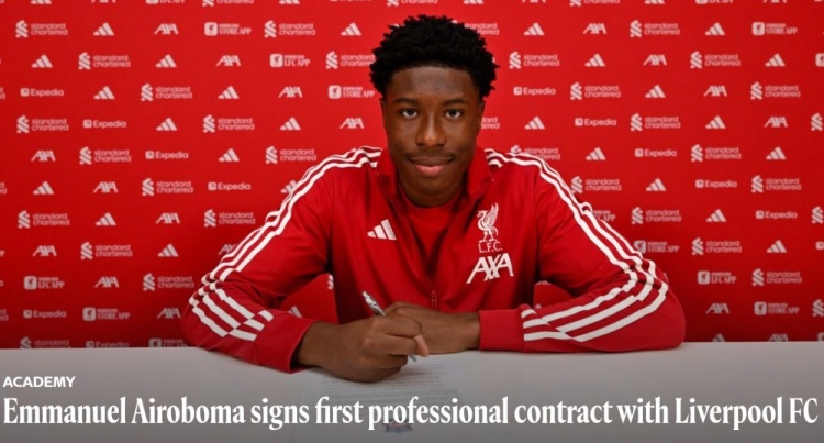 利物浦官方宣布18岁后卫艾罗博马签署首份职业合约